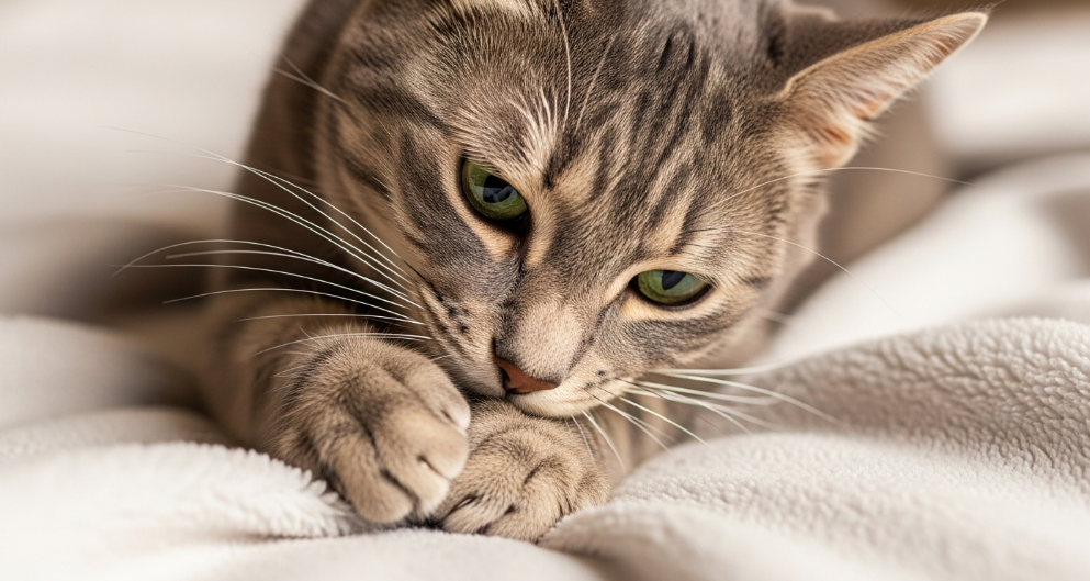 Gray tabby cat kneading a soft blanket