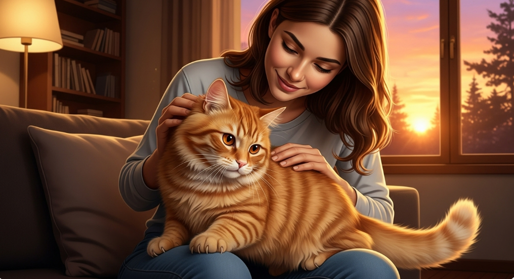 Orange cat kneading on a woman’s lap in a cozy room