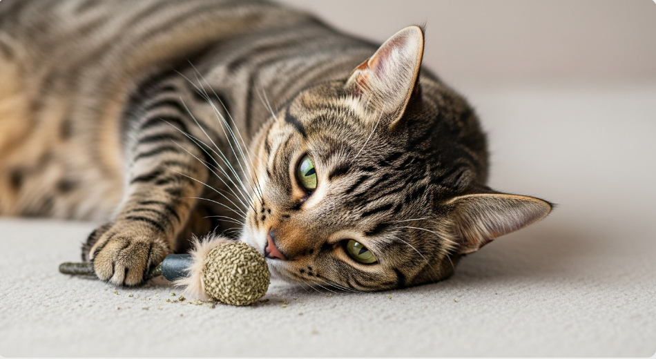 Cat playing with catnip