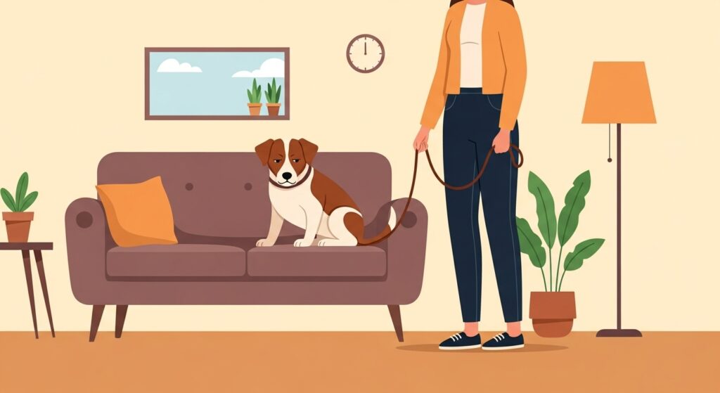 Dog sitting on couch while owner holds a leash.