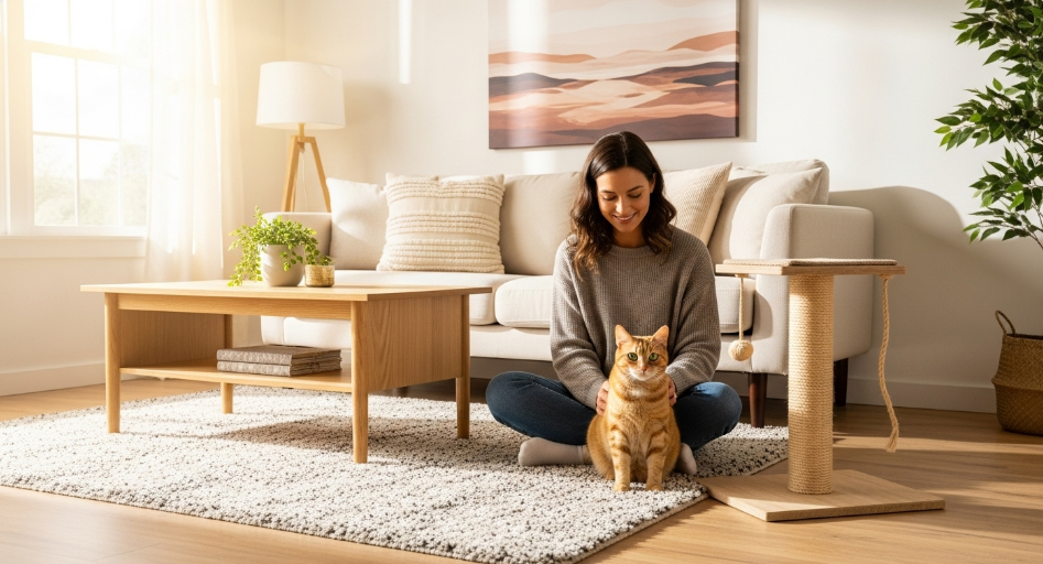 Cat owner using positive reinforcement training with their cat