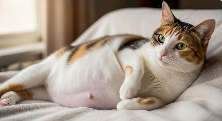 Pregnant cat with swollen belly