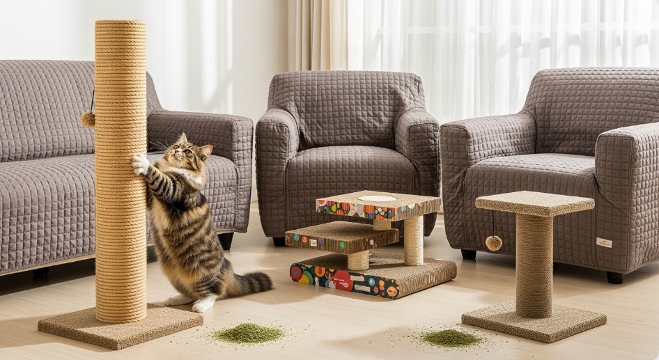 Different types of cat scratching posts and furniture protection methods