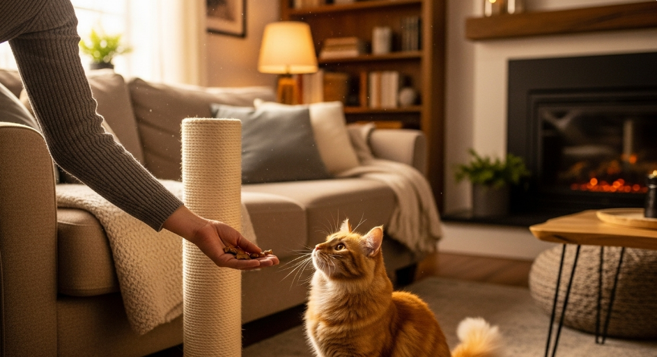Cat owner redirecting cat from sofa to scratching post