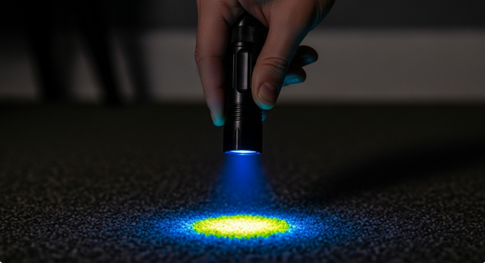 Hand holding a blacklight over a carpet to find glowing cat urine stains.