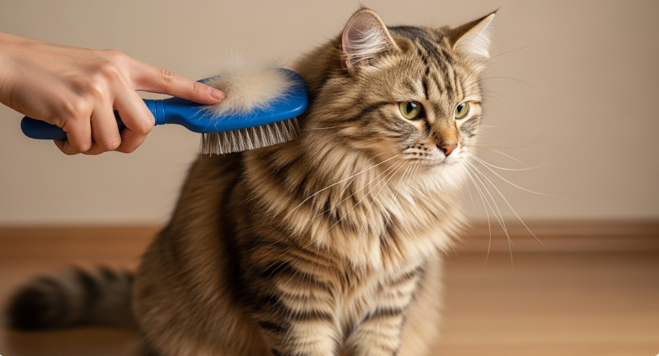 Cat being brushed before bath.