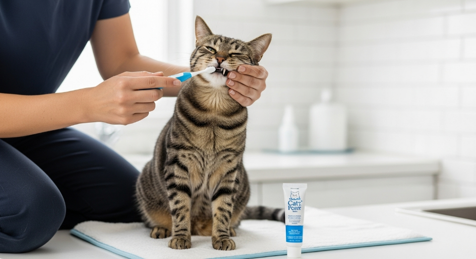 Person brushing a cat's teeth demonstrating proper dental care technique