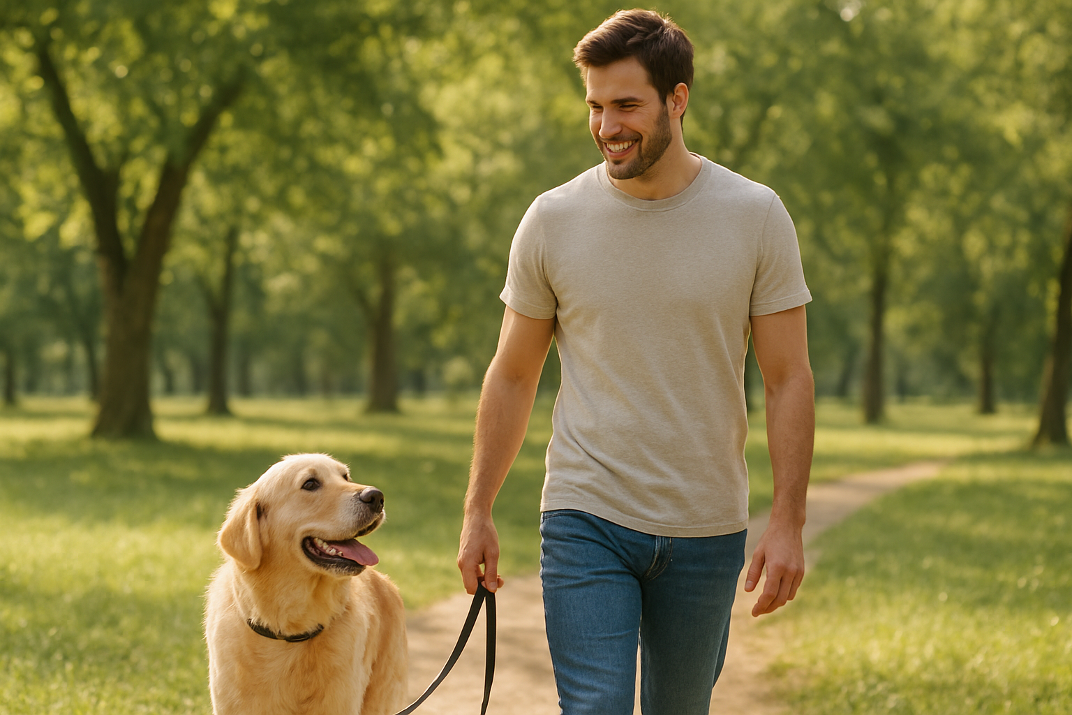 Dog owner walking a calm dog in a park.