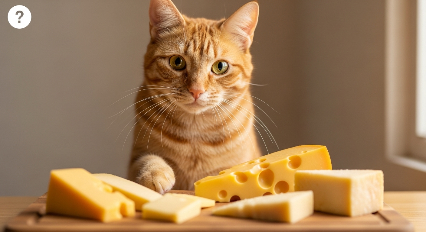 Cat looking curiously at cheese on cutting board