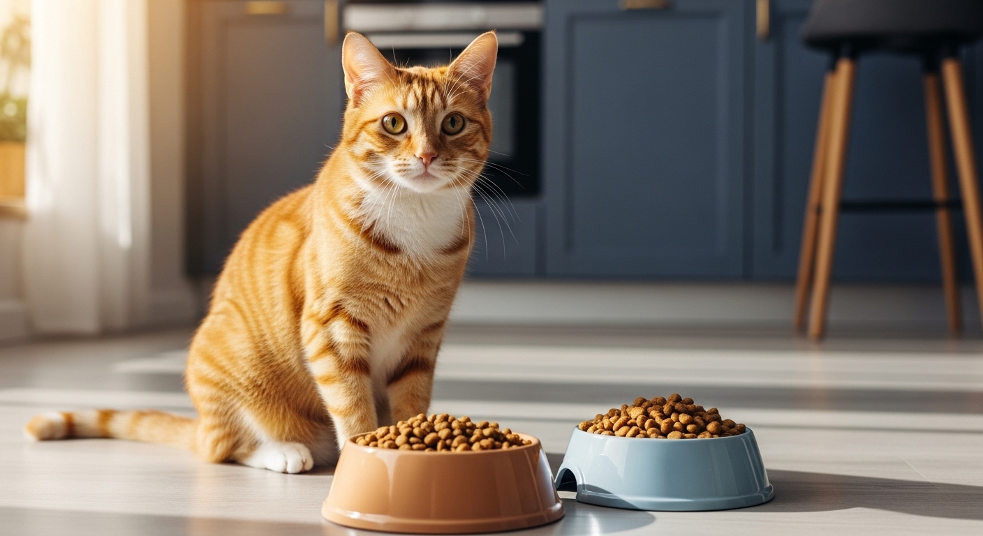 Orange tabby cat sitting between cat and dog food bowls on kitchen floor