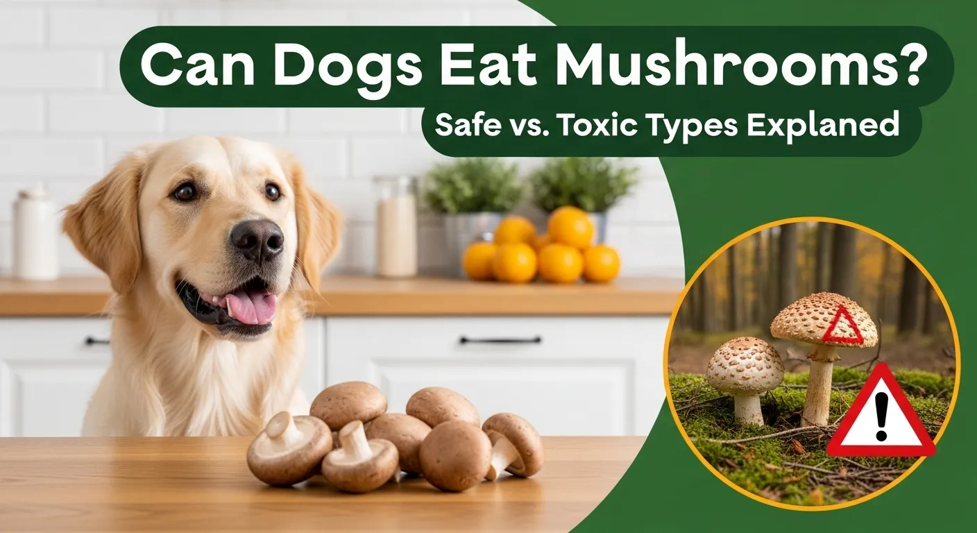 Golden Retriever with safe store-bought mushrooms and a warning for toxic wild mushrooms