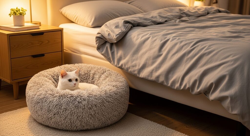 Cat bed placed on a human bed for comfort.