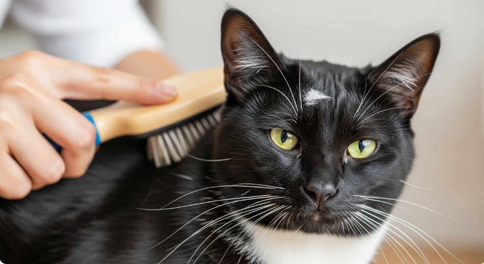 A person brushing a cat’s fur to remove dandruff.