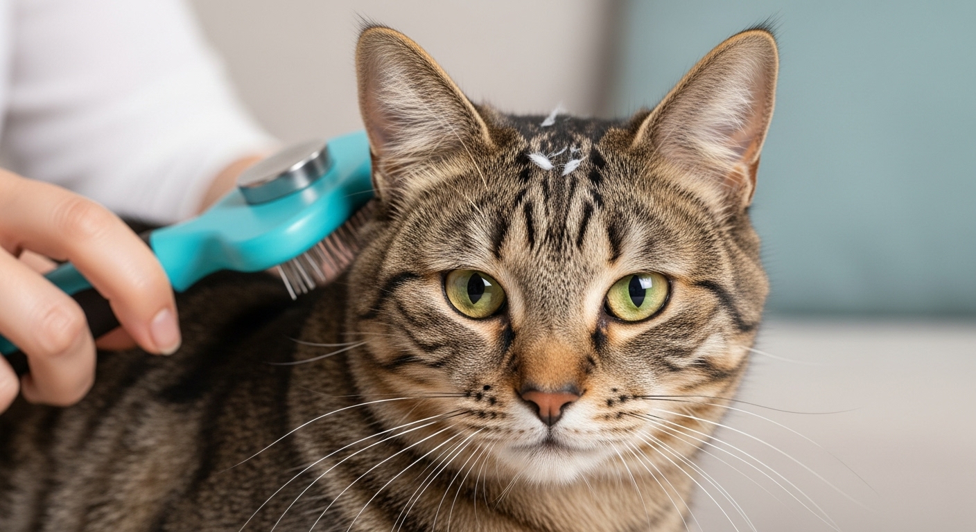 Cat with dandruff flakes being brushed.