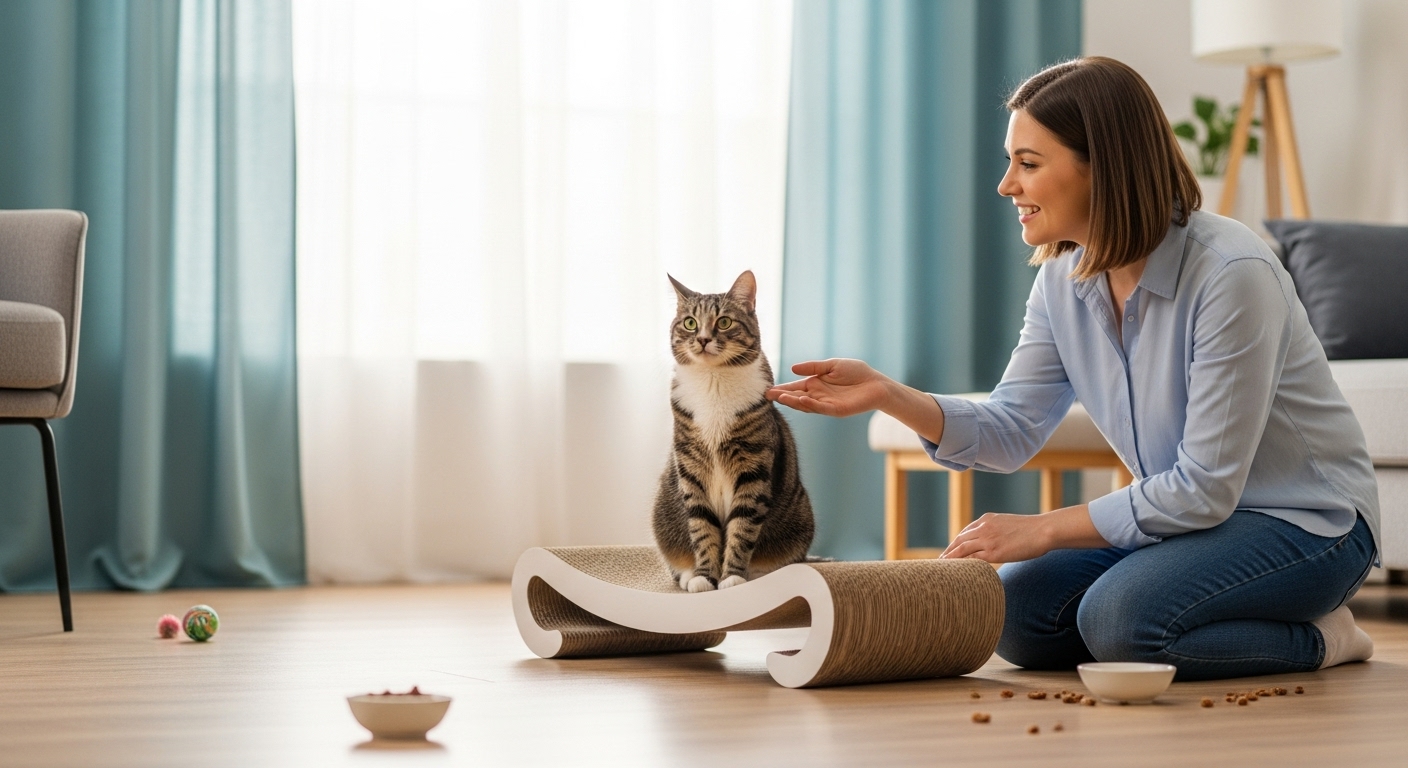 Professional cat owner successfully training calm cat using positive discipline methods