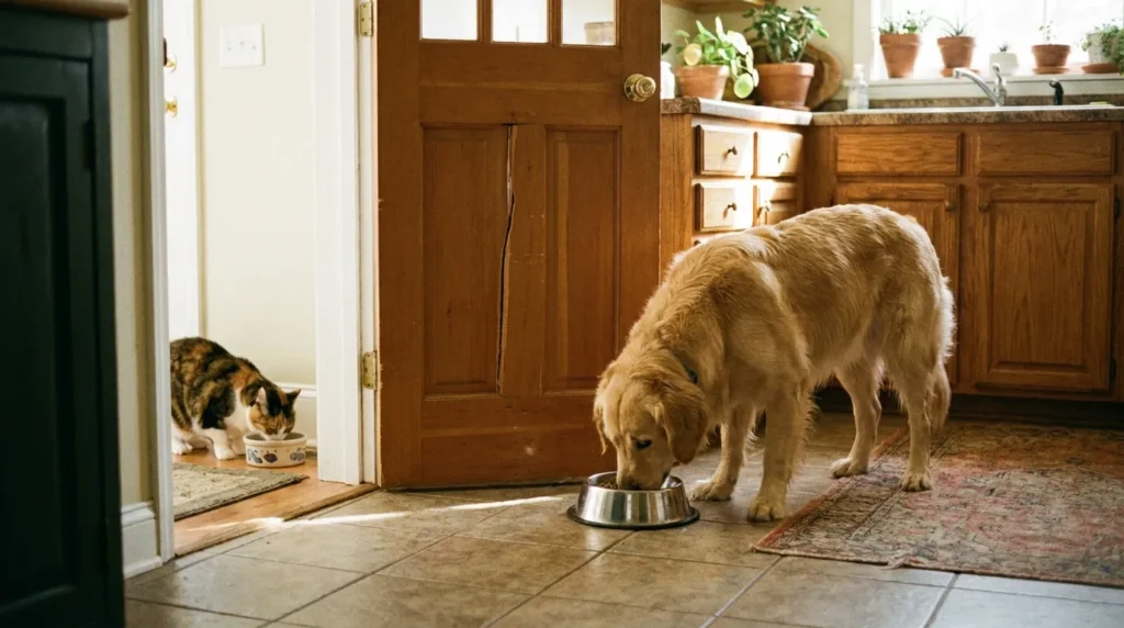 Dog and cat eating from separate bowls near a cracked door during introduction training