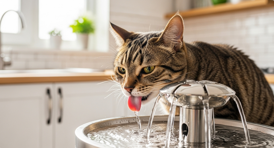 Cat drinking from a pet water fountain.