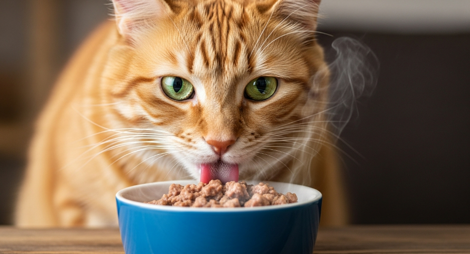 Feline dining on canned food.