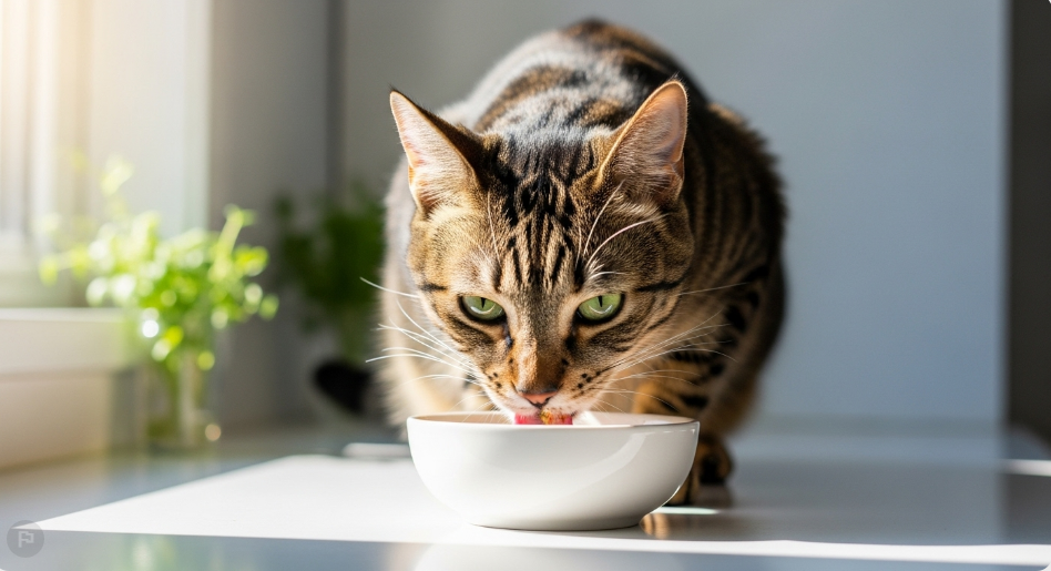 Cat eating wet food from a bowl.