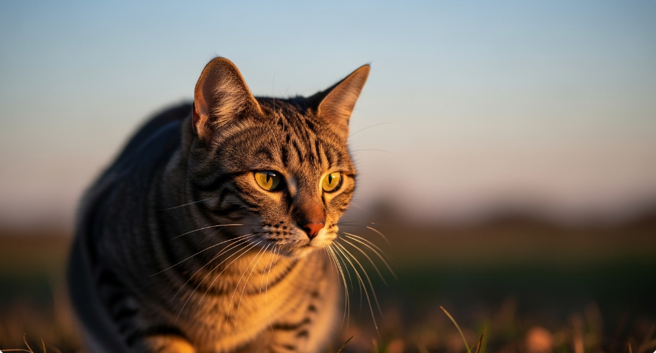 Domestic cat displaying hunting behavior during twilight hours