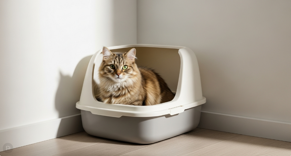 Fluffy cat in a clean litter box in a cozy, quiet room
