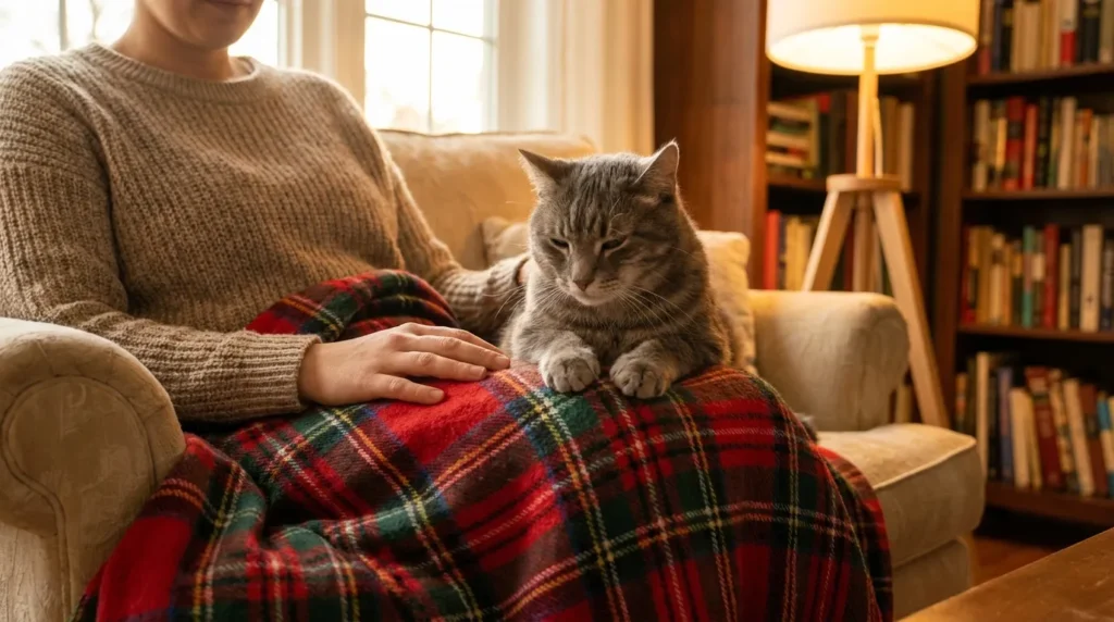 Gray cat kneading a plaid blanket on a person's lap in a warm cozy indoor setting