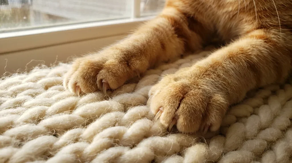Close-up of orange tabby cat front paws kneading a cream knitted blanket with claws slightly extended