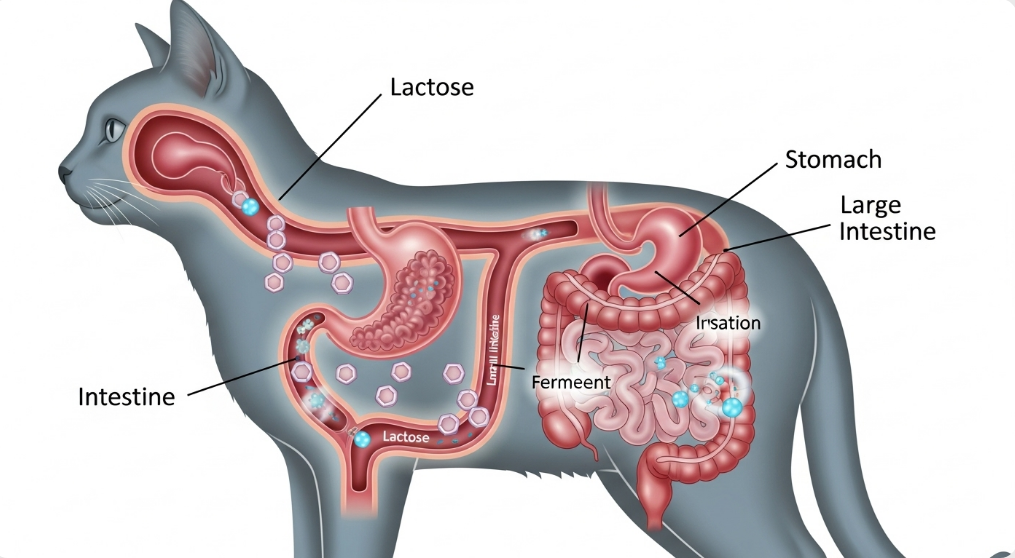 Diagram showing cat digestive system and lactose intolerance process