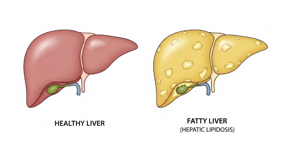 Comparison diagram showing healthy cat liver versus liver with hepatic lipidosis
