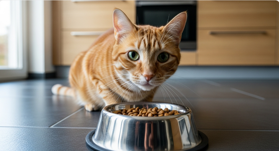 Orange tabby cat looking curiously at dog food bowl on kitchen floor
