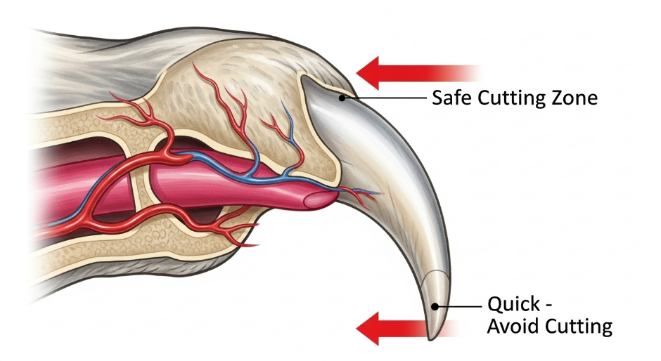 Detailed diagram of cat nail showing pink quick and white tip cutting area