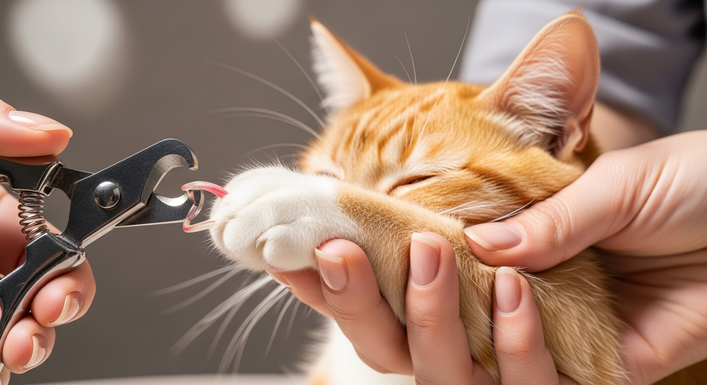 Professional hands demonstrating safe cat nail trimming with clippers on relaxed orange tabby cat's paw