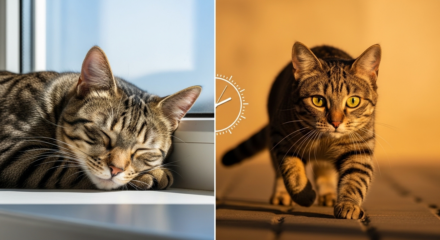 Split image showing cat sleeping during day and active during twilight hours for nocturnal behavior article