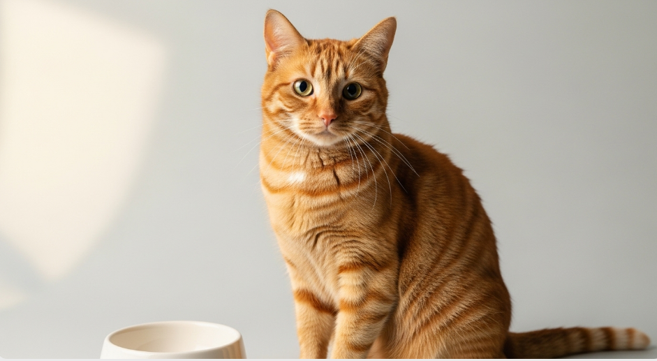 Orange tabby cat sitting next to empty food bowl for veterinary guide about cats not eating