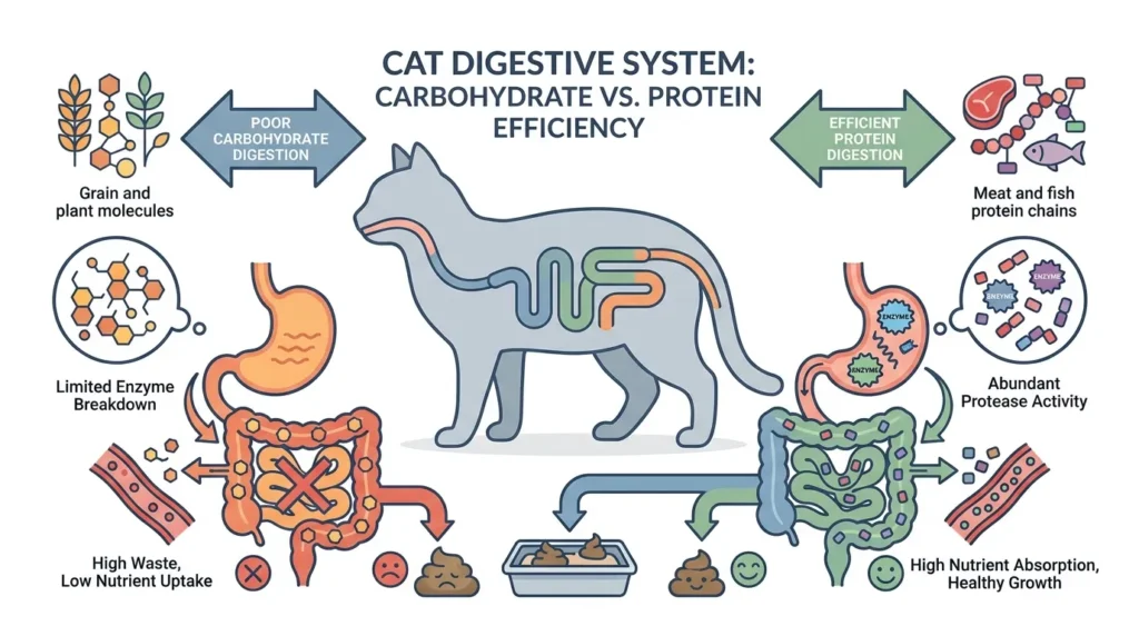 Infographic showing cat digestive system processing protein versus carbohydrates