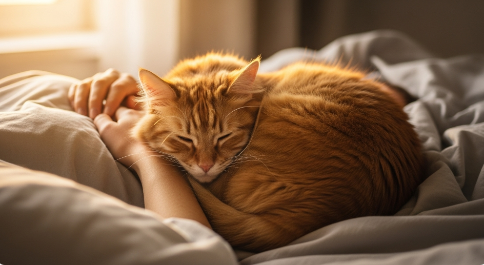 Cat sleeping on a person’s chest in bed.
