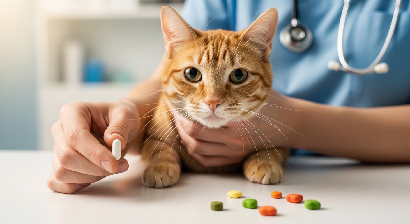 Orange tabby cat being gently held while white pill is administered by professional hands