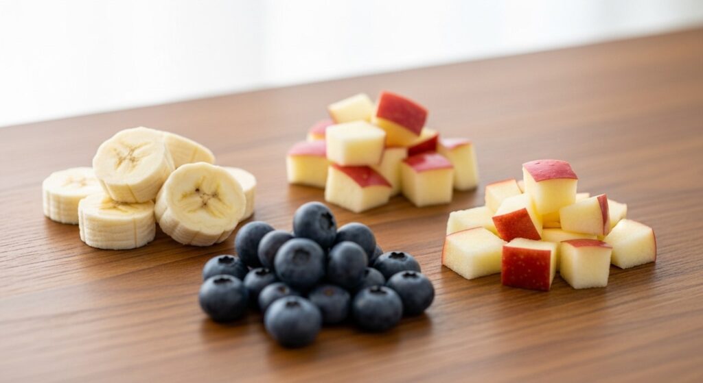 Assorted cat-safe fruits on a table