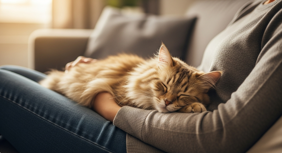 Cat sleeping on a person’s lap in a cozy setting.