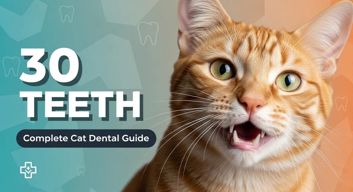 Professional cat dental guide thumbnail showing cat with healthy teeth and educational text overlay