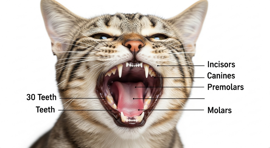 Diagram showing all 30 teeth in an adult cat's mouth with labels