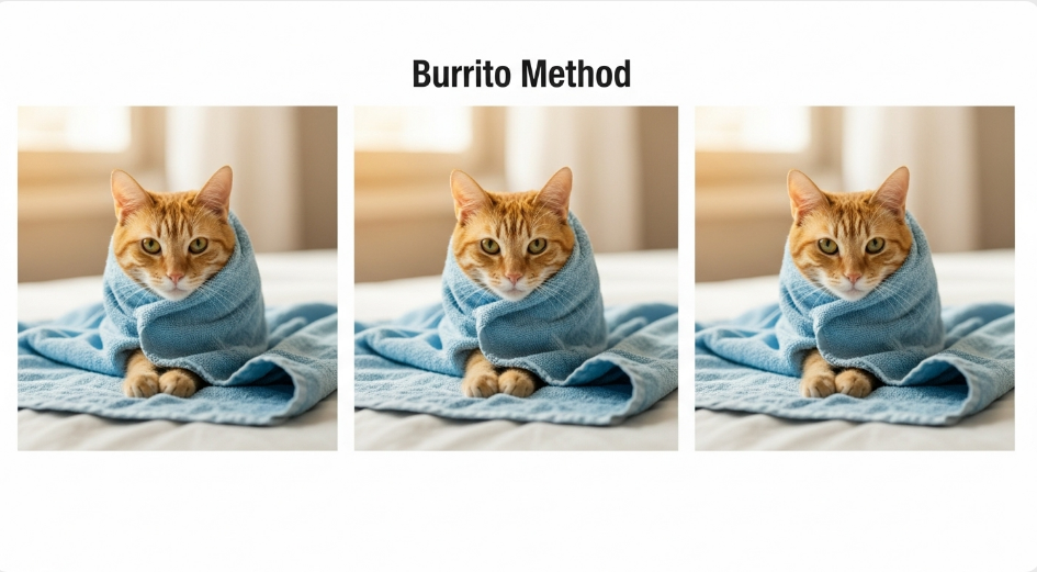 Three-step demonstration of wrapping a cat in towel for nail trimming