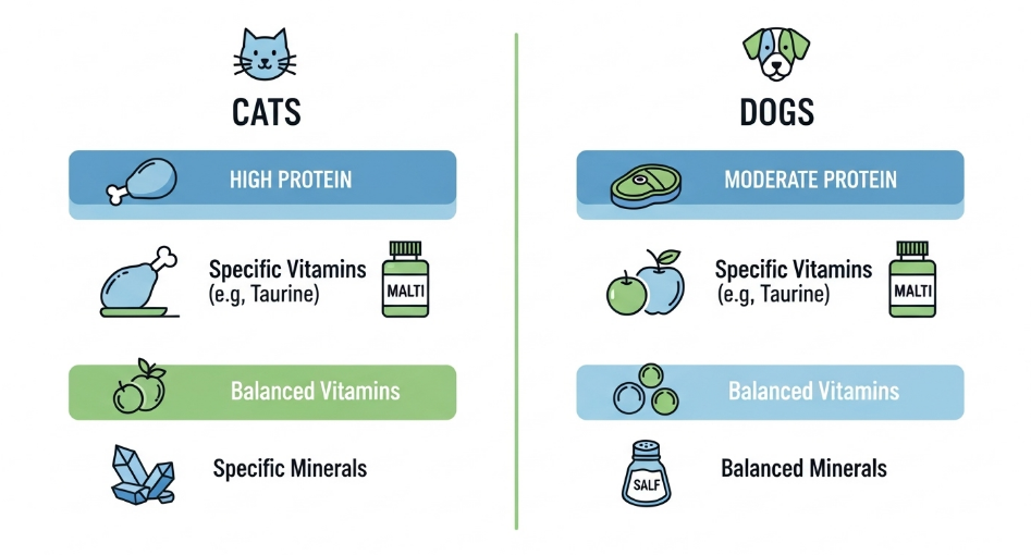 Infographic comparing nutritional needs between cats and dogs