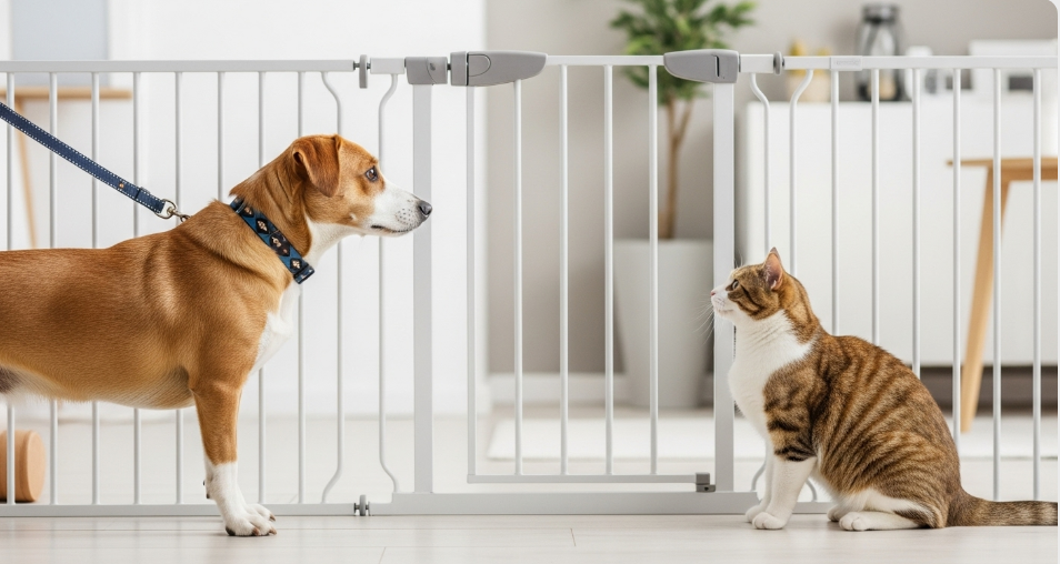 Dog and cat separated by a baby gate during a controlled introduction.