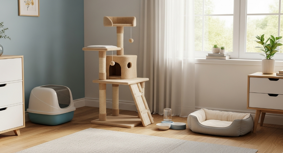 Cozy cat sanctuary with litter box, scratching post, and high perch for safe pet introductions.