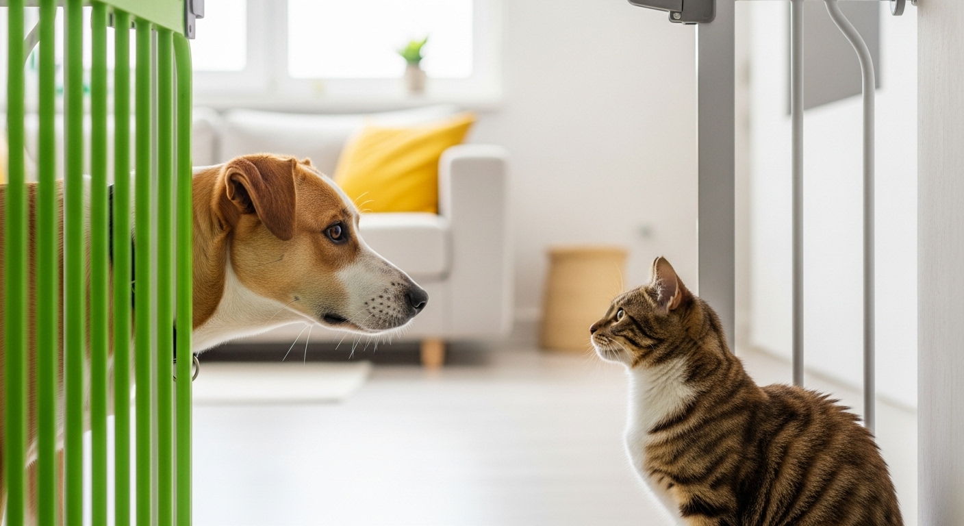 Friendly dog and curious cat facing each other through a baby gate.