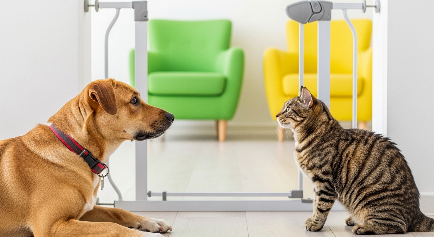 Friendly dog and curious cat facing each other through a baby gate.