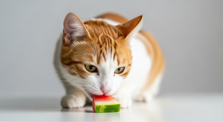 Cat gently eating a small piece of watermelon.