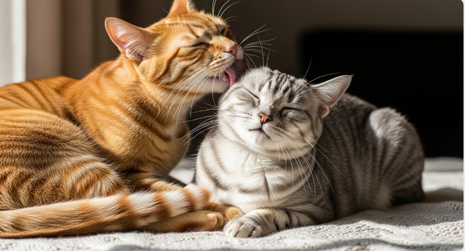 Two cats demonstrating allogrooming social bonding behavior