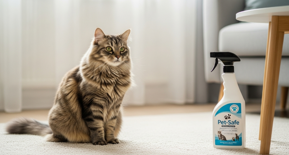 Cat on clean carpet with pet-safe cleaner in a bright living room.